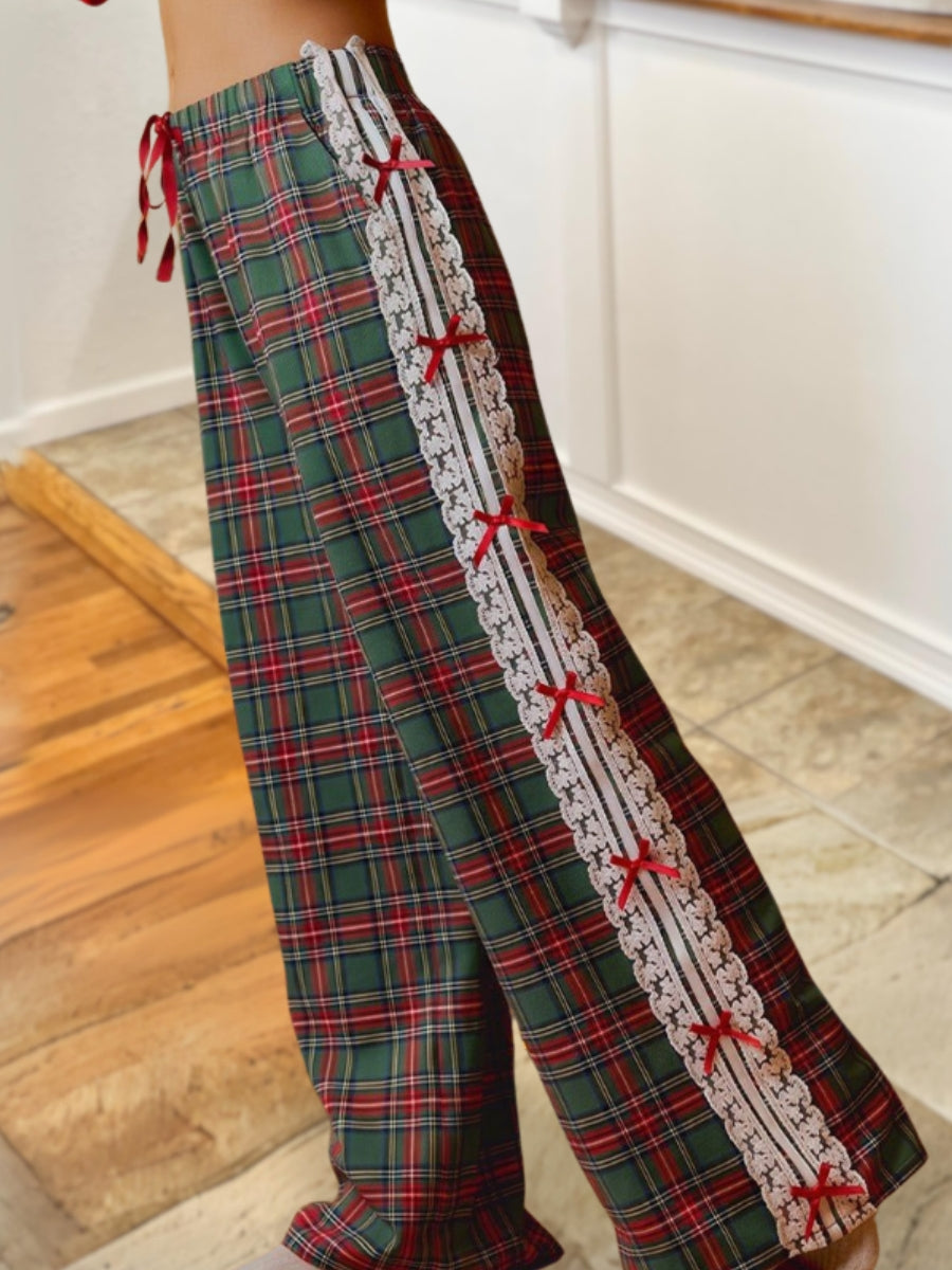 Christmas Lace Bow Plaid Pants