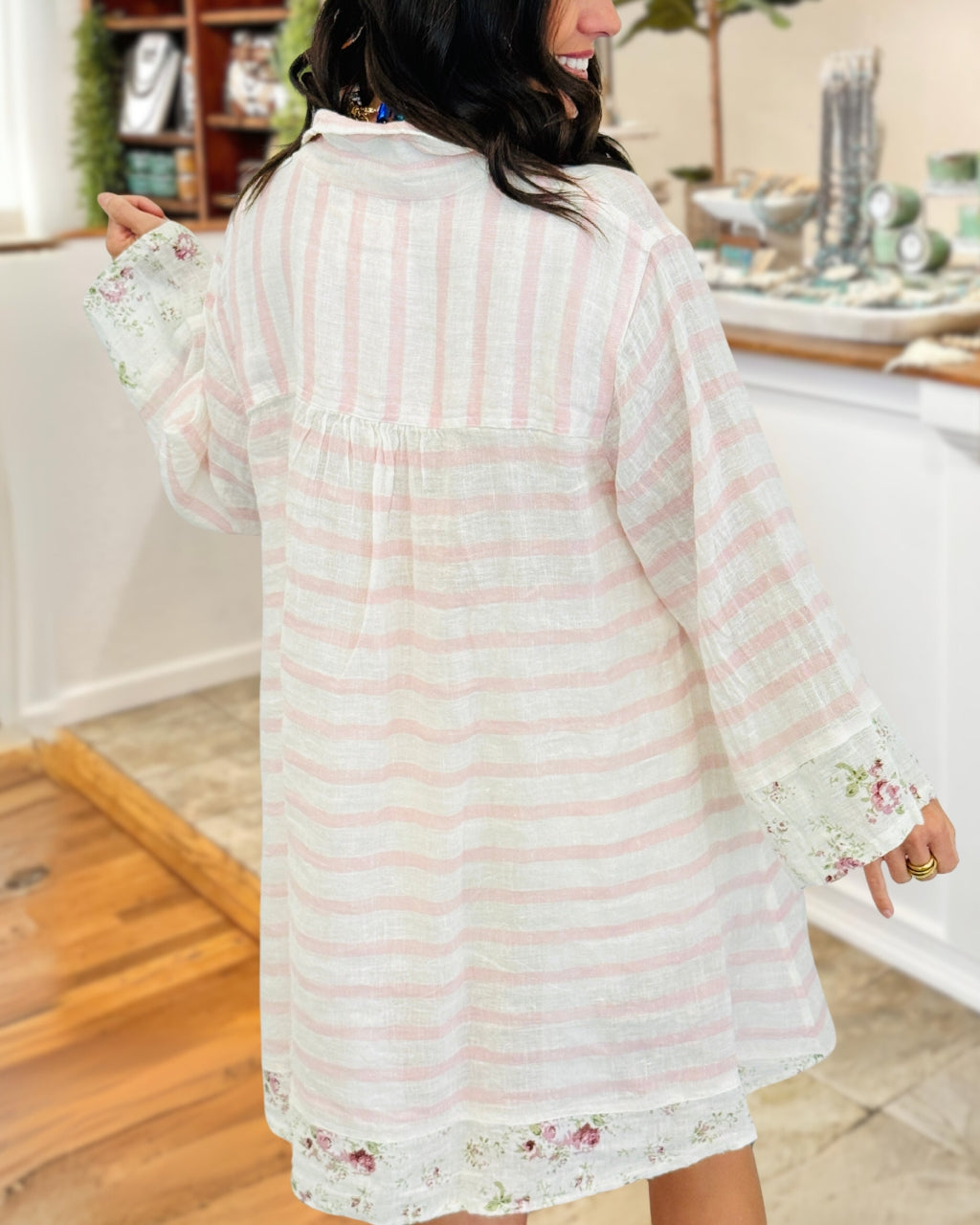 Floral Embroidered Trim Striped Shirt