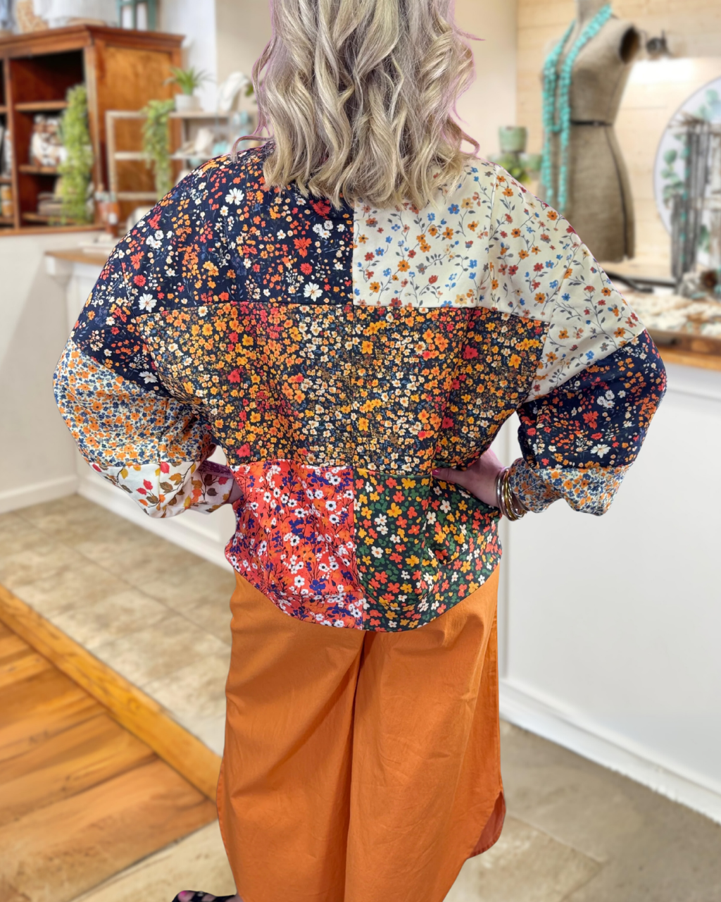 Colorful Patchwork Floral Pumpkin Pullover