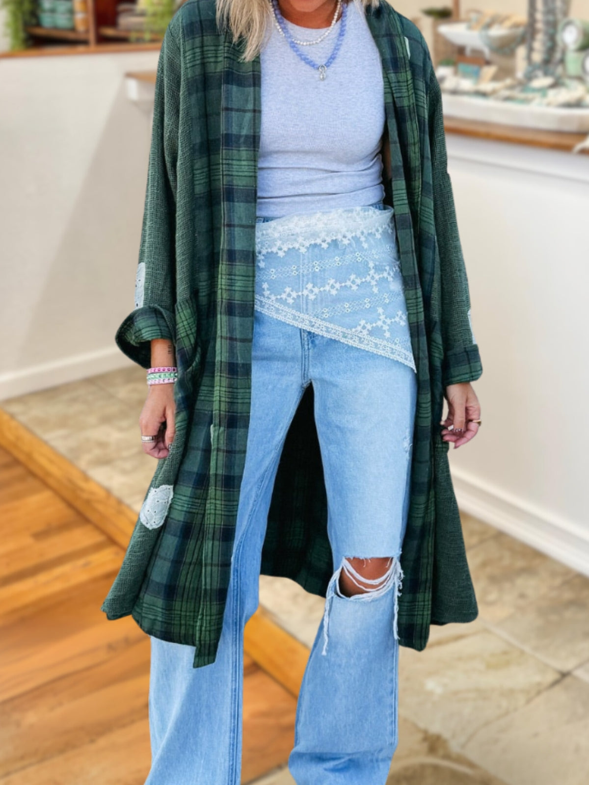 Love Woolen Plaid Spliced Waffle Top