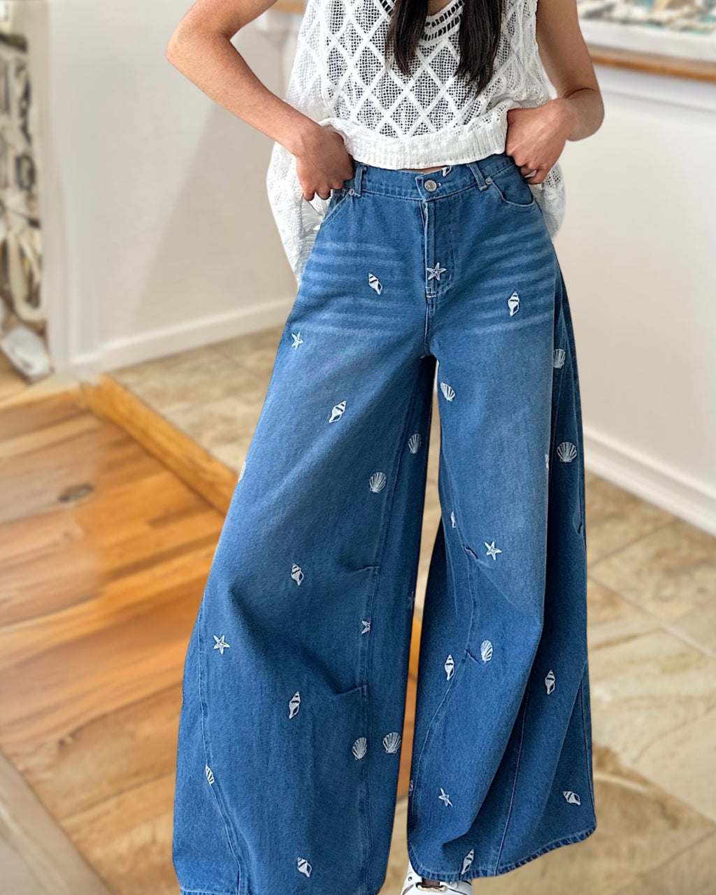 Coastal Embroidered Wide-Leg Denim Pants