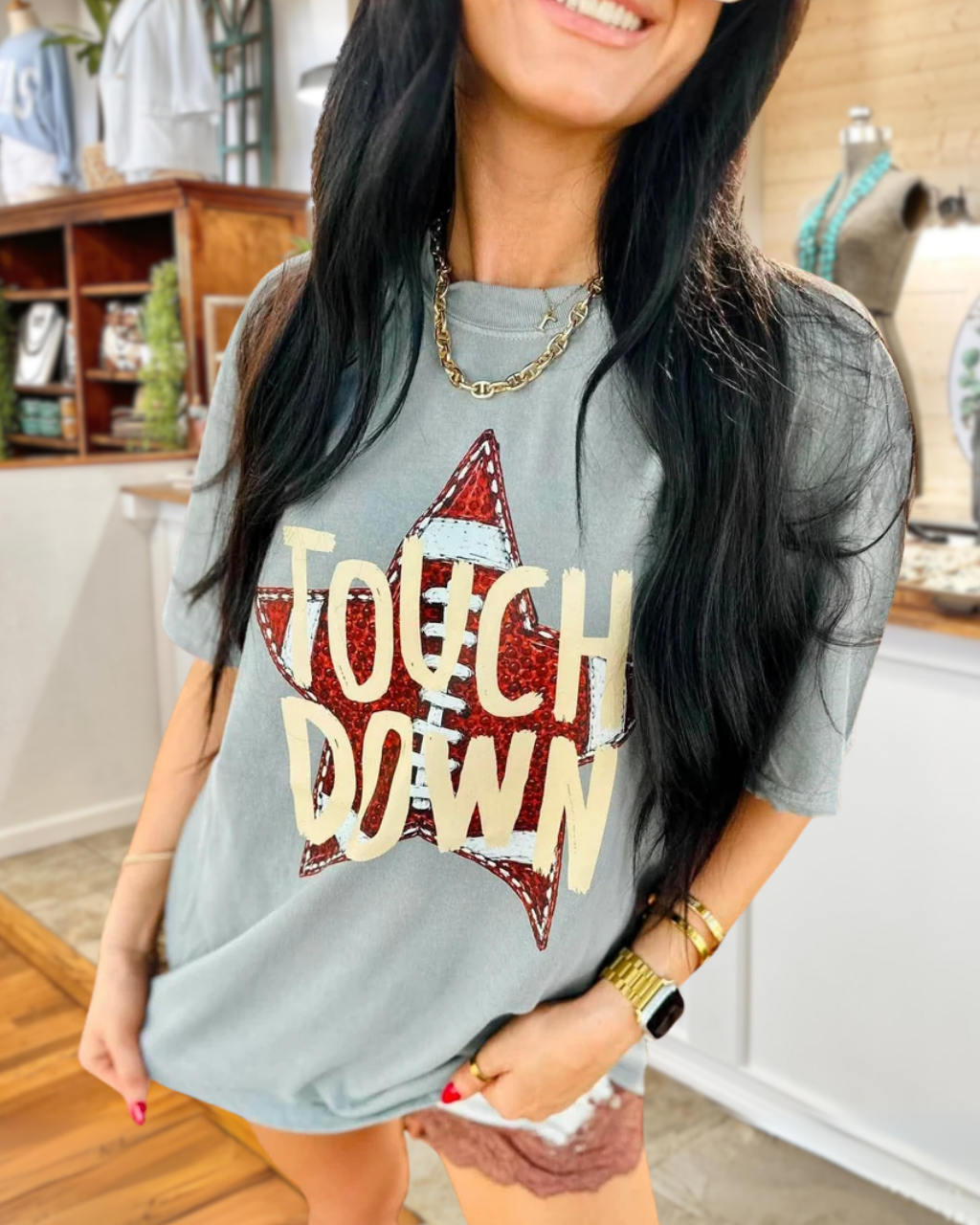 TOUCH DOWN Football Star Print T-Shirt