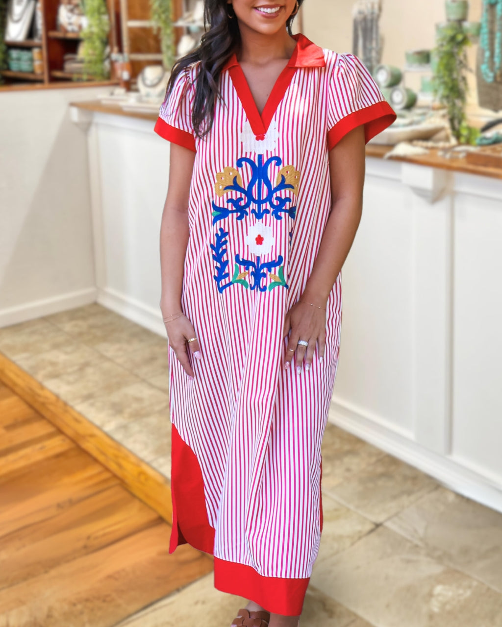 Retro Floral Embroidered Striped Dress