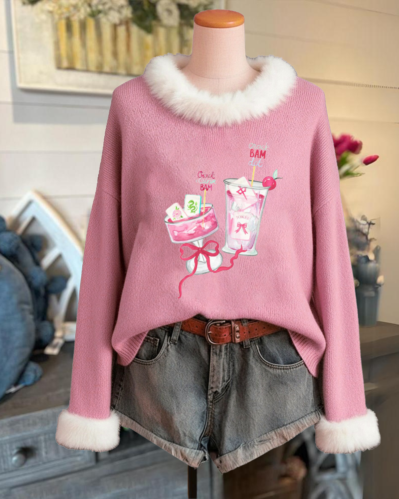 Casual Mahjong Drink Fur Collar Sweater