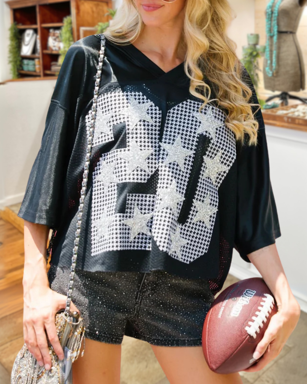 Houndstooth Embroidered Star Sequin Top