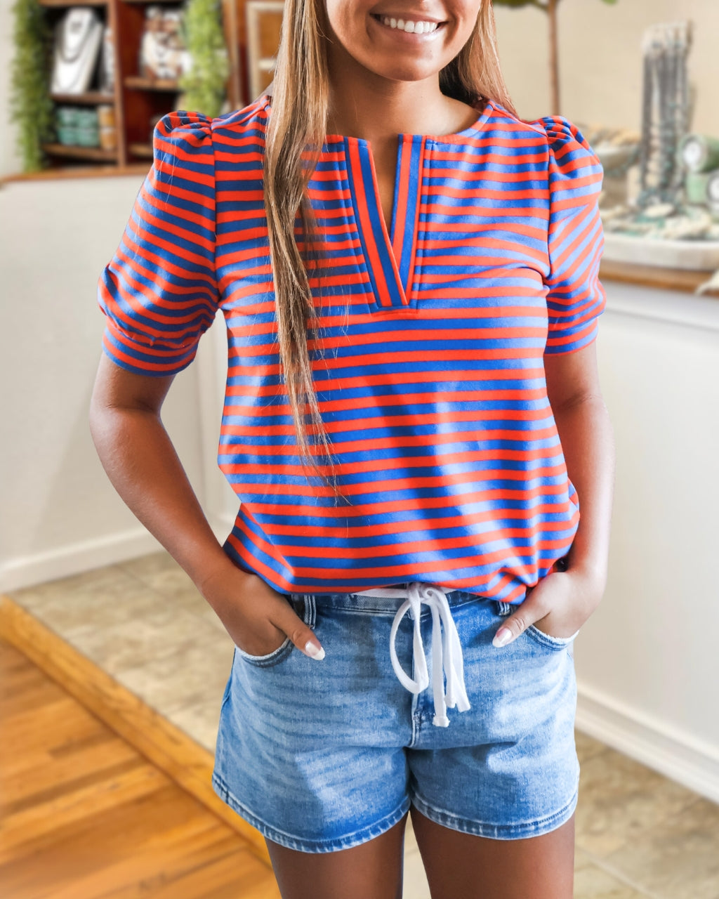 Color-block Striped Puff-sleeve Top