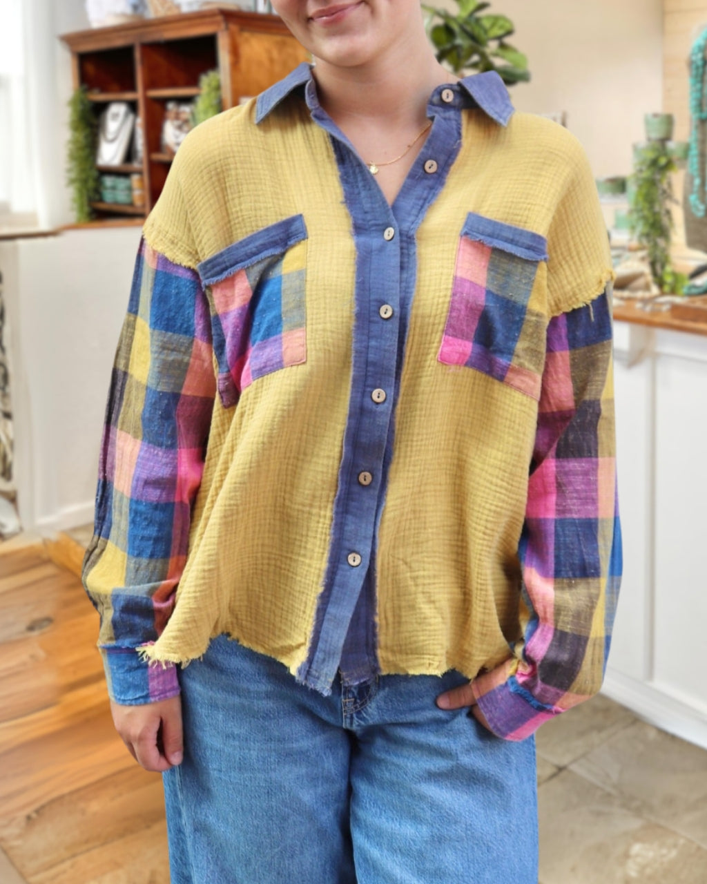 Plaid Patch Colorblock Shirt