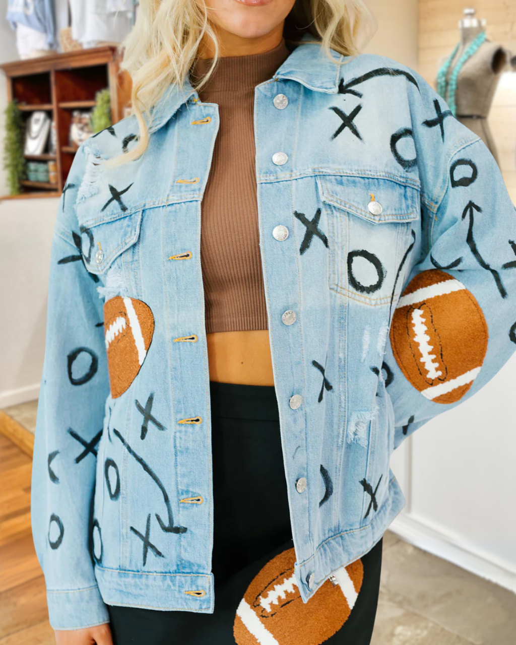 Football Embroidered Tactical Graffiti Print Denim Jacket