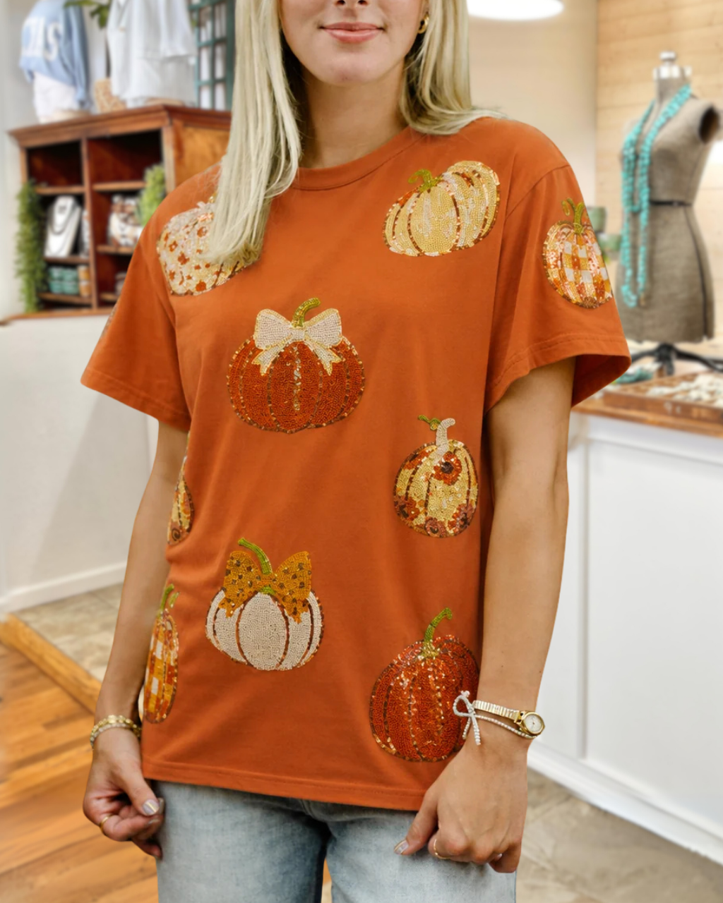Sparkling Bow Pumpkin Sequin T-shirt