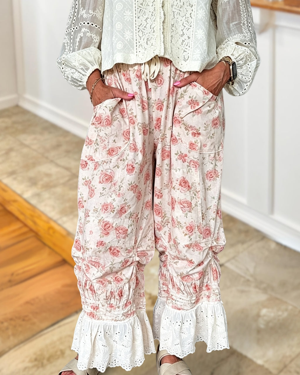 Casual Floral Lace Pants