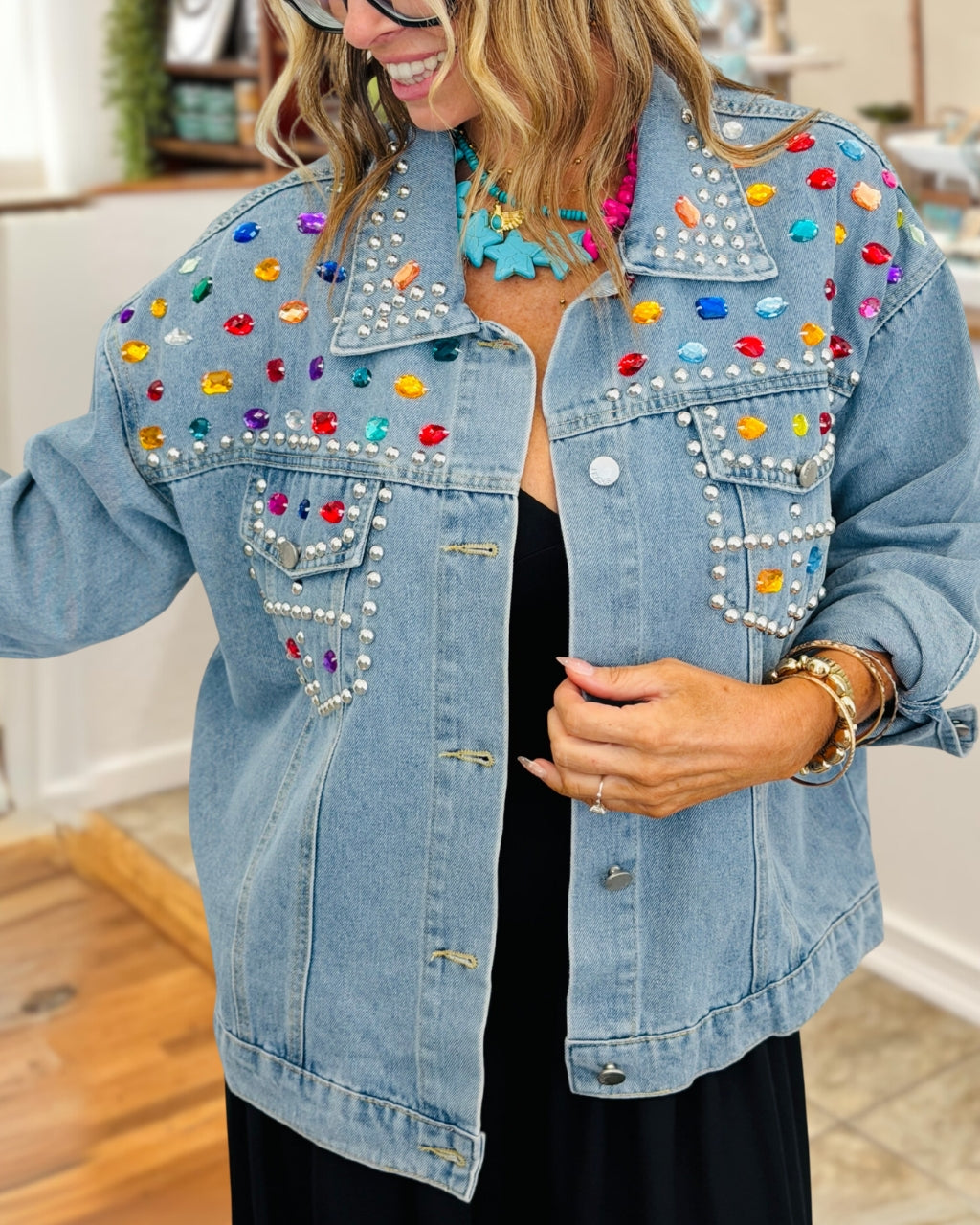 Colorful Rhinestone Studded Denim Jacket