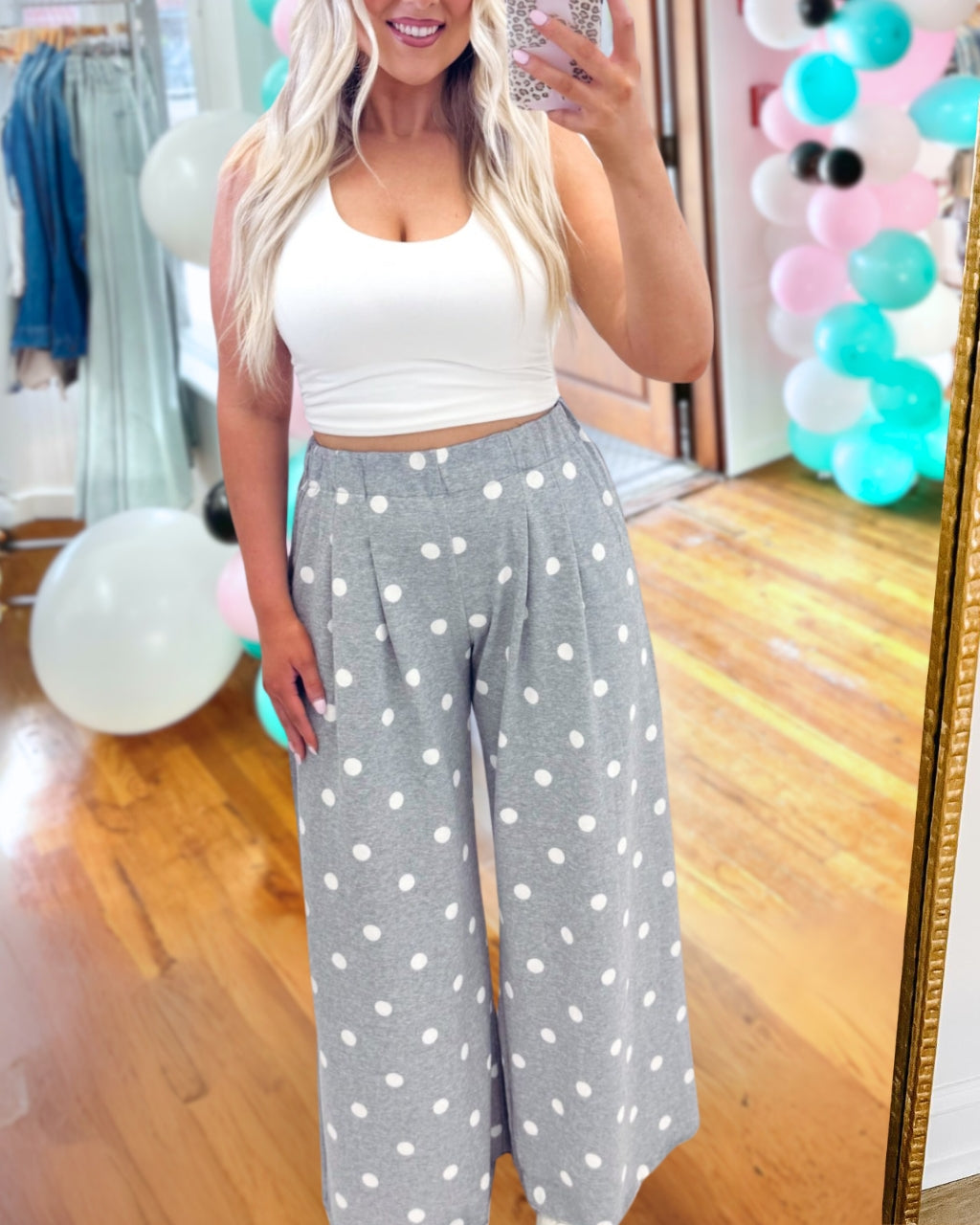 Pleated Polka Dot Wide Leg Pants