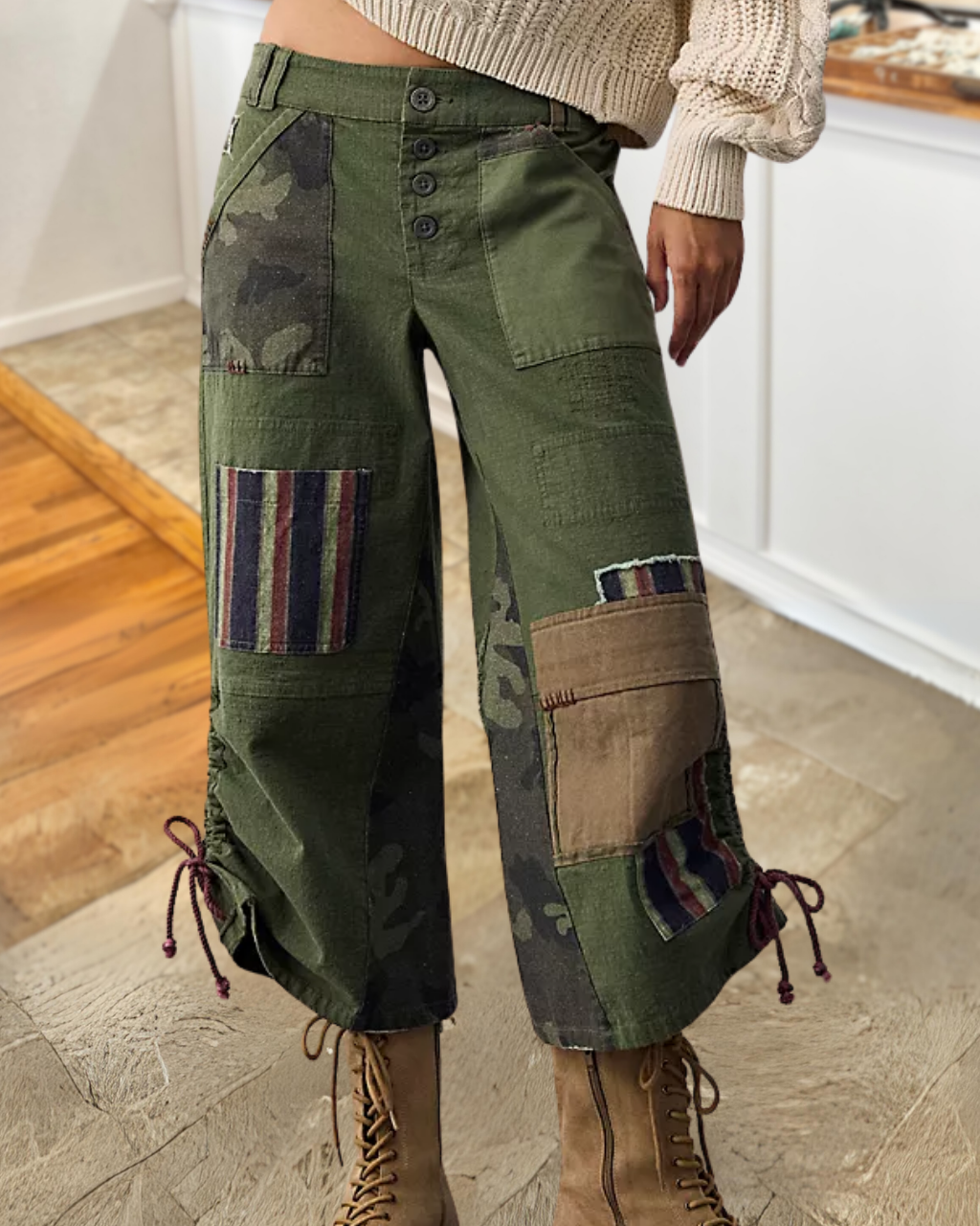 Camouflage Striped Embroidered Patchwork Pants