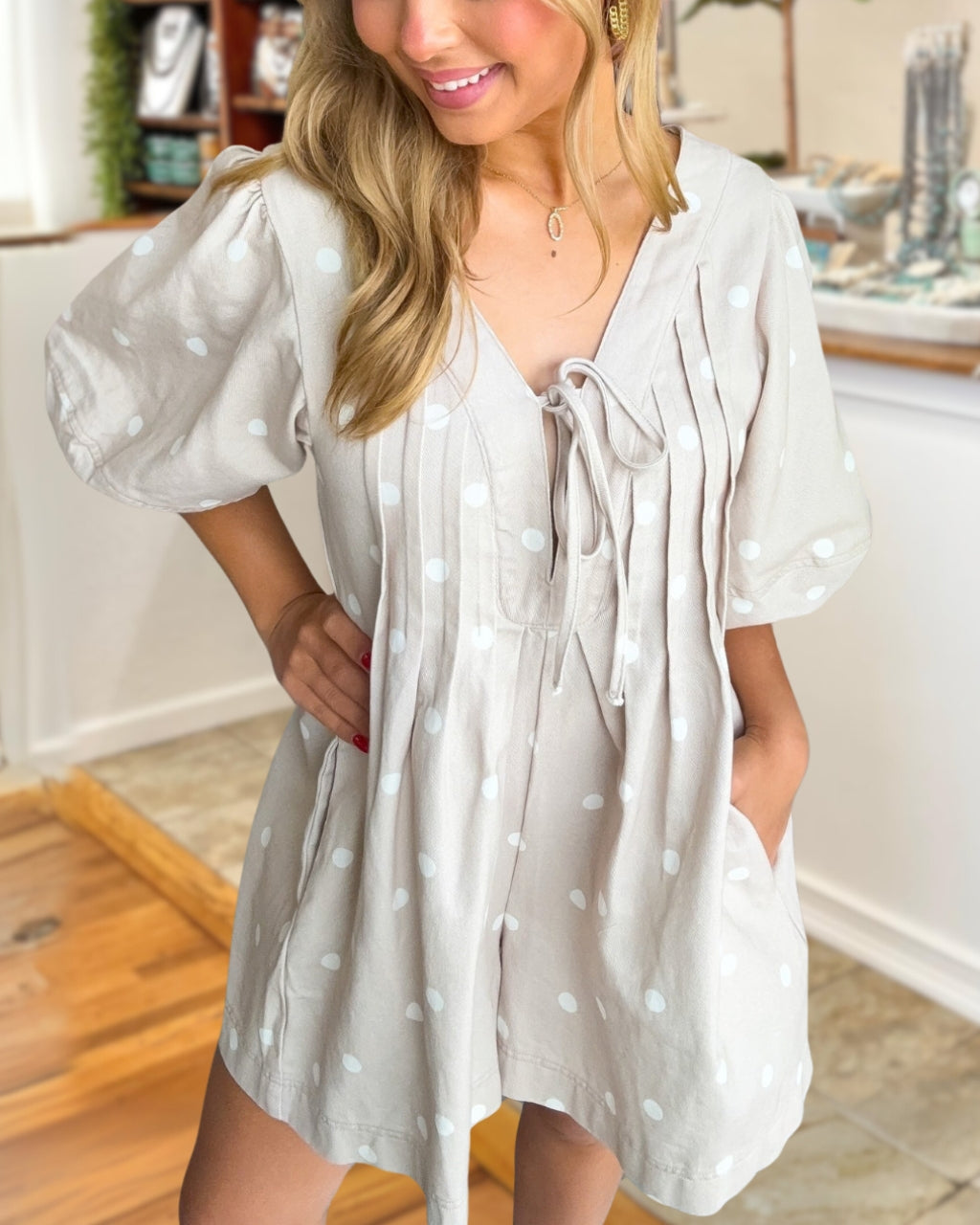 Polka Dot Pleated Puff Sleeve Jumpsuit