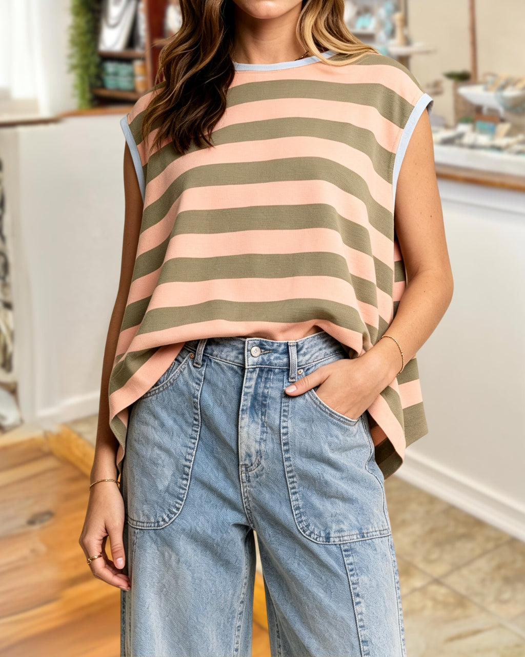 Modern Drape Contrast Striped Top
