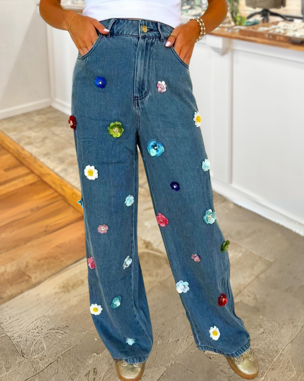 Multicolor Floral Embroidered Jeans