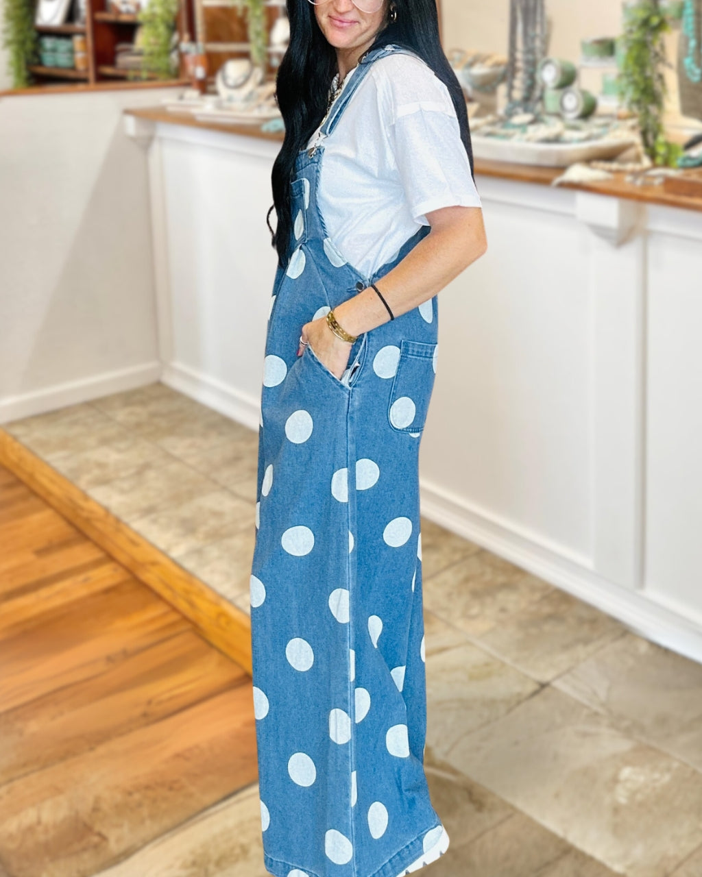 Polka Dot Print Denim Overalls
