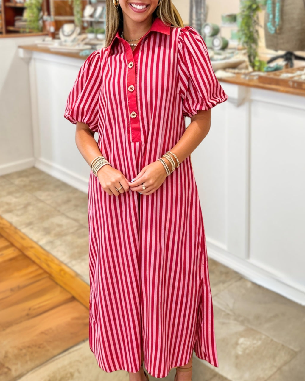 Stylish Puff Sleeves Striped Maxi Dress