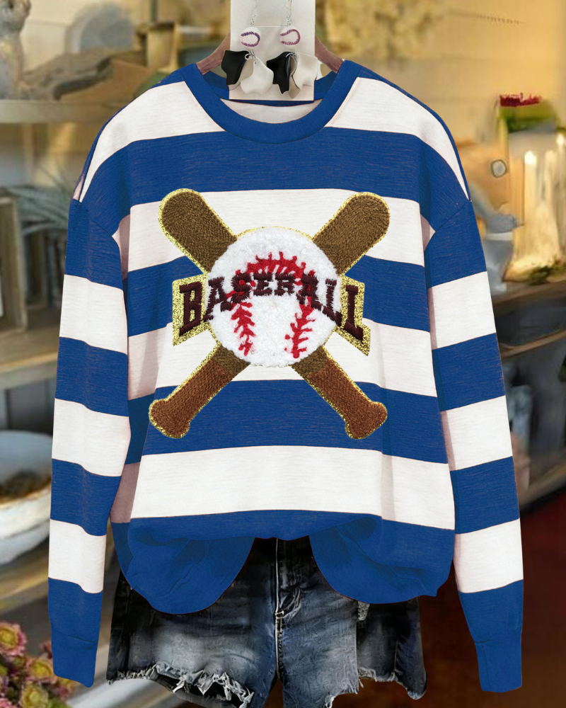Baseball Embroidered Striped Sweatshirt