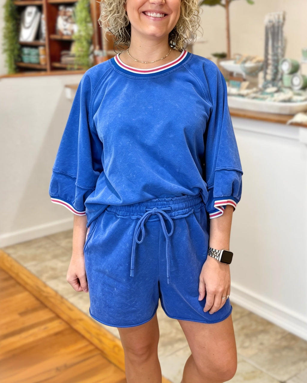 Color-blocked Striped Washed Shorts Set