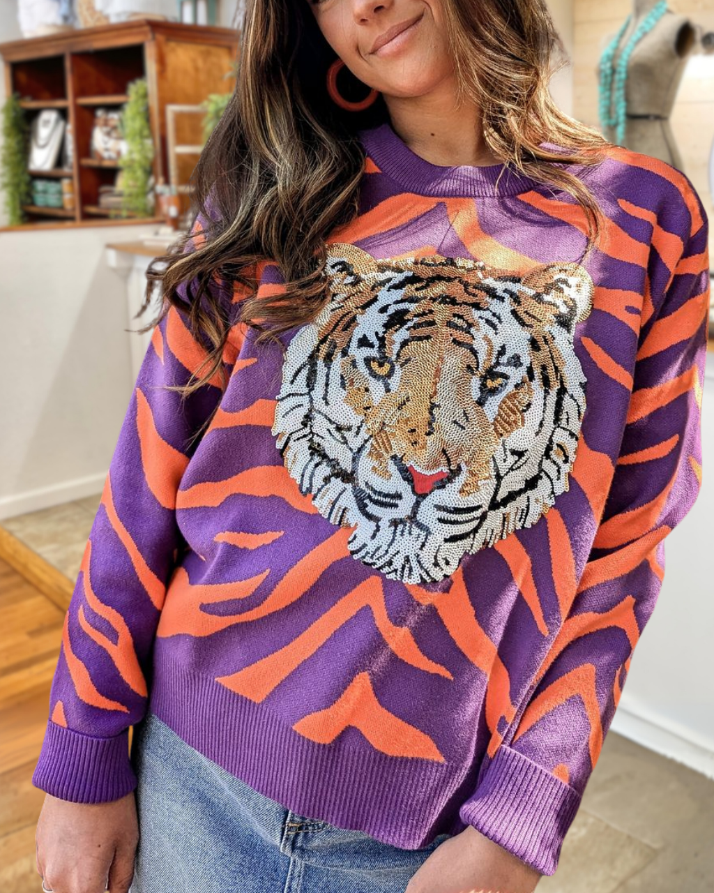 Gameday Tiger Stripe Sequin Tiger Head Top
