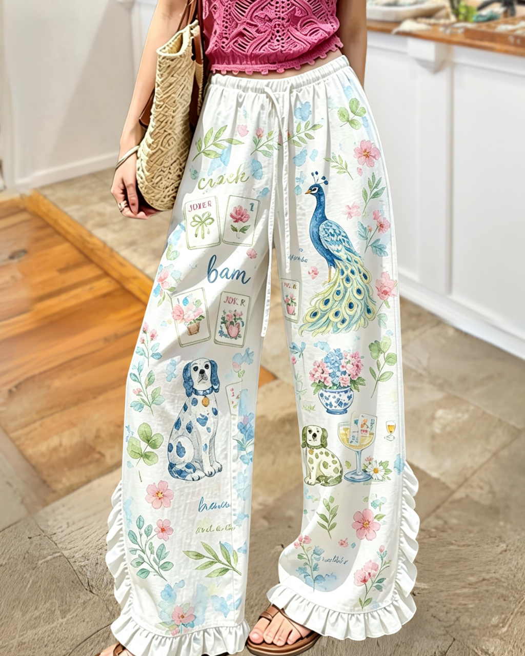 Floral Mahjong Peacock Pattern Pants