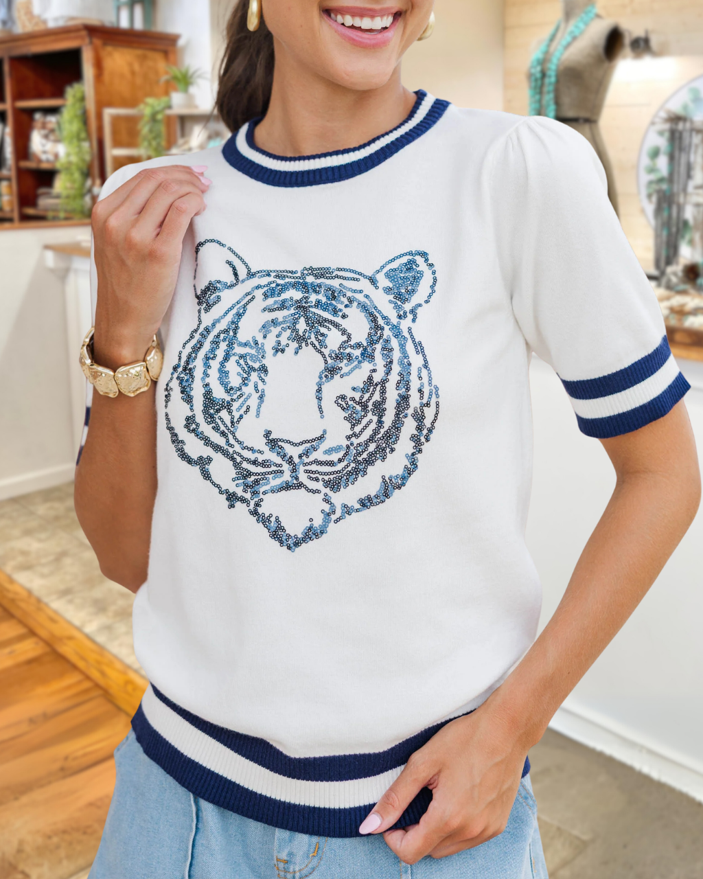 Sequin Tiger Print Gameday Sports T‑Shirt