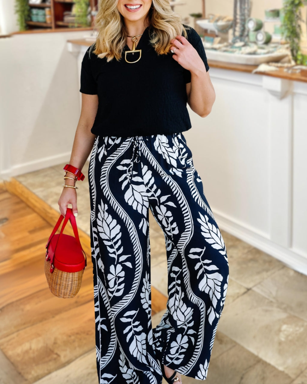 Tropical Leaf Wide-Leg Pants