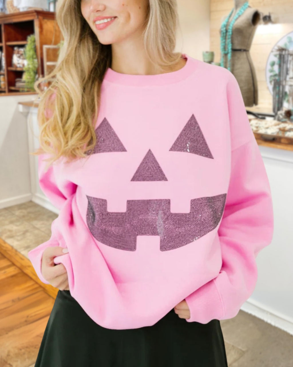 Sequin Pumpkin Smiley Face Pullover