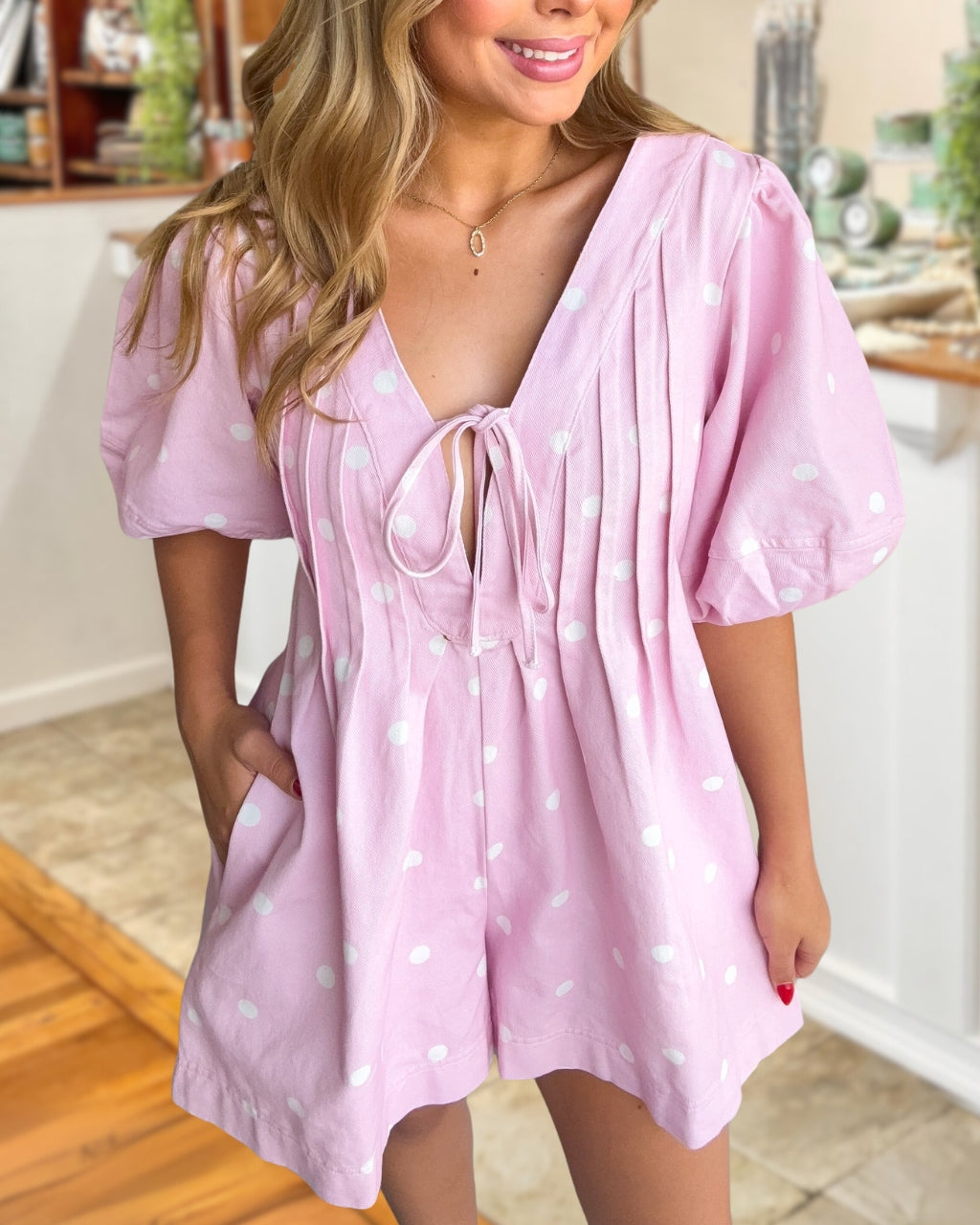 Polka Dot Pleated Puff Sleeve Jumpsuit