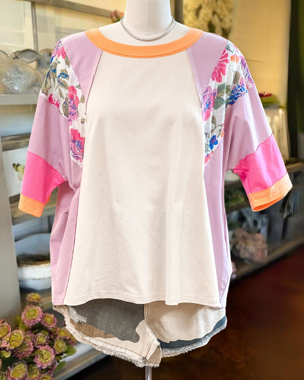 Floral Seams Color Block Oversize Tee