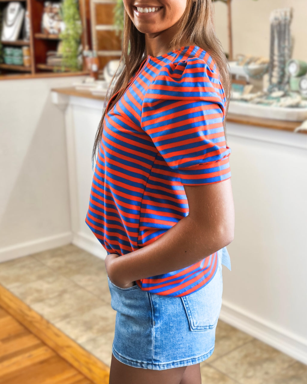 Color-block Striped Puff-sleeve Top