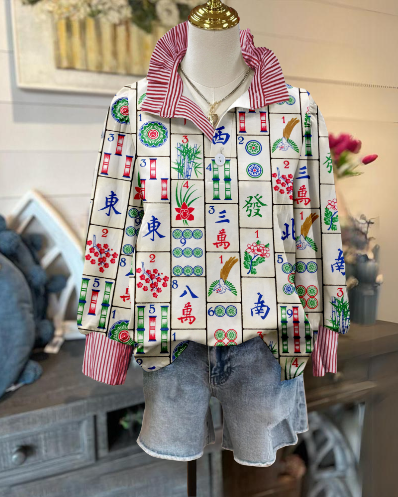 Mahjong Plaid Striped Ruffle Top