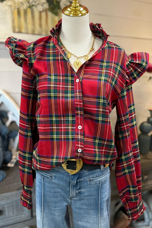 Ruffle Detail Plaid Blouse