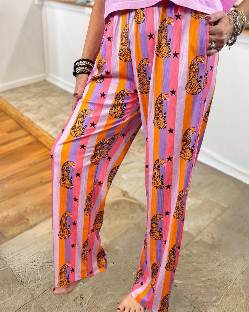 Colorful Cheetah Print Striped Pants