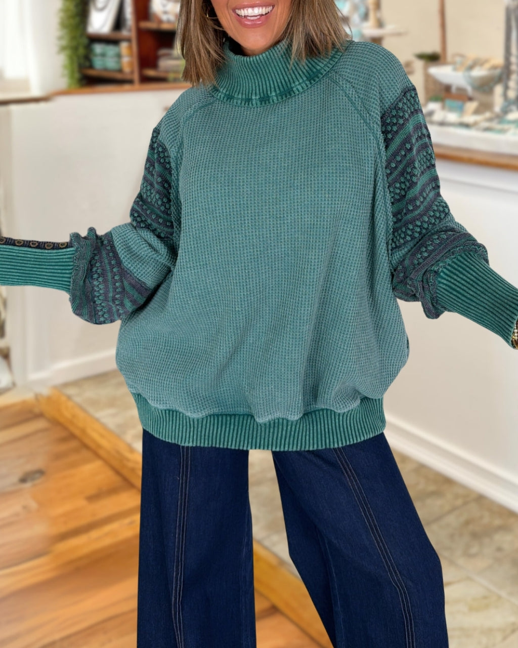 Waffle Washed Distressed Pullover