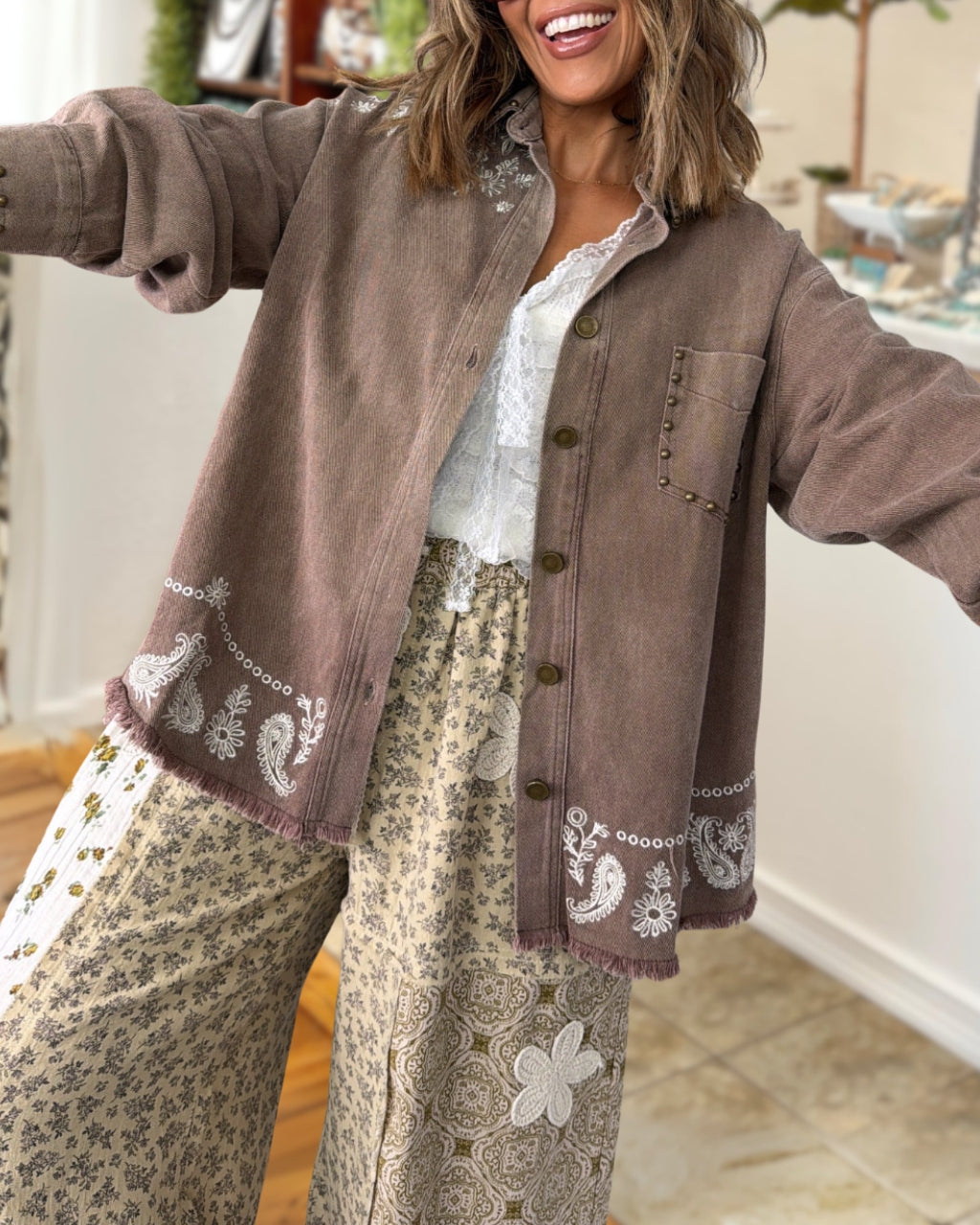 Paisley Studded Washed Raw-edge Jacket