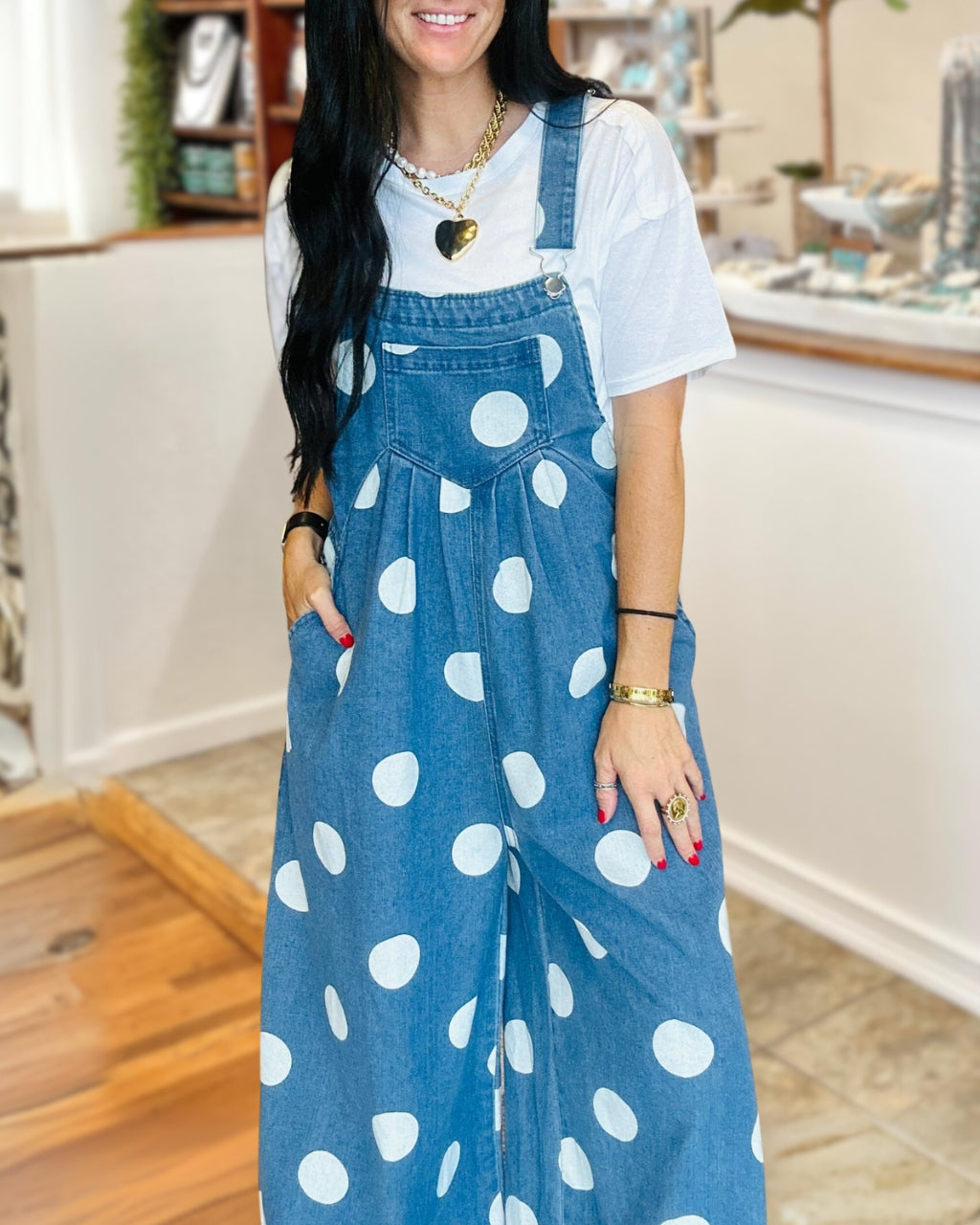 Polka Dot Print Denim Overalls