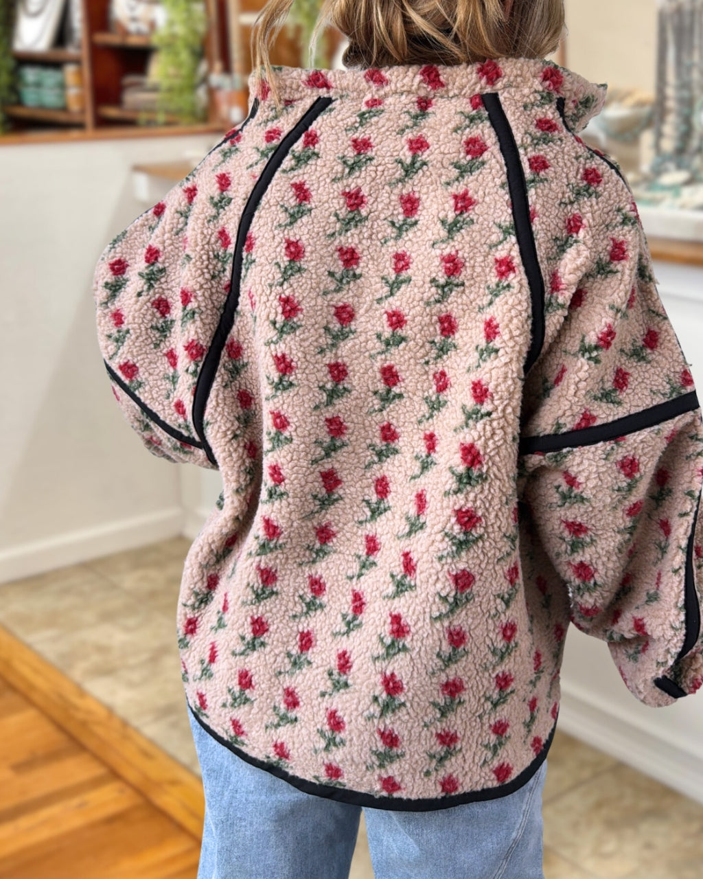 Rose Print Plush Half-zip Pullover