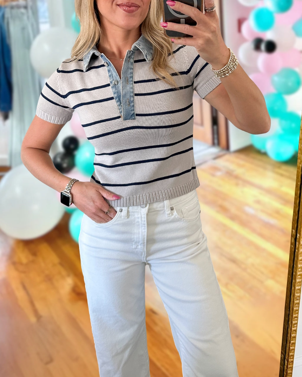 Denim Patchwork Collar Striped Top