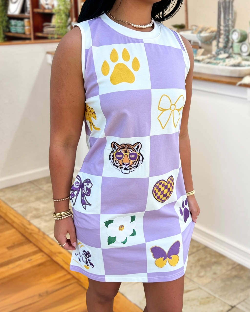 Tigers Game Day Print Plaid Sleeveless Dress
