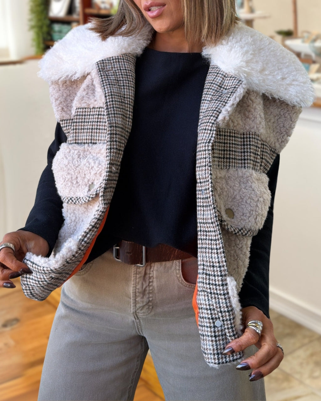 Plaid Patchwork Lamb Fleece Vest
