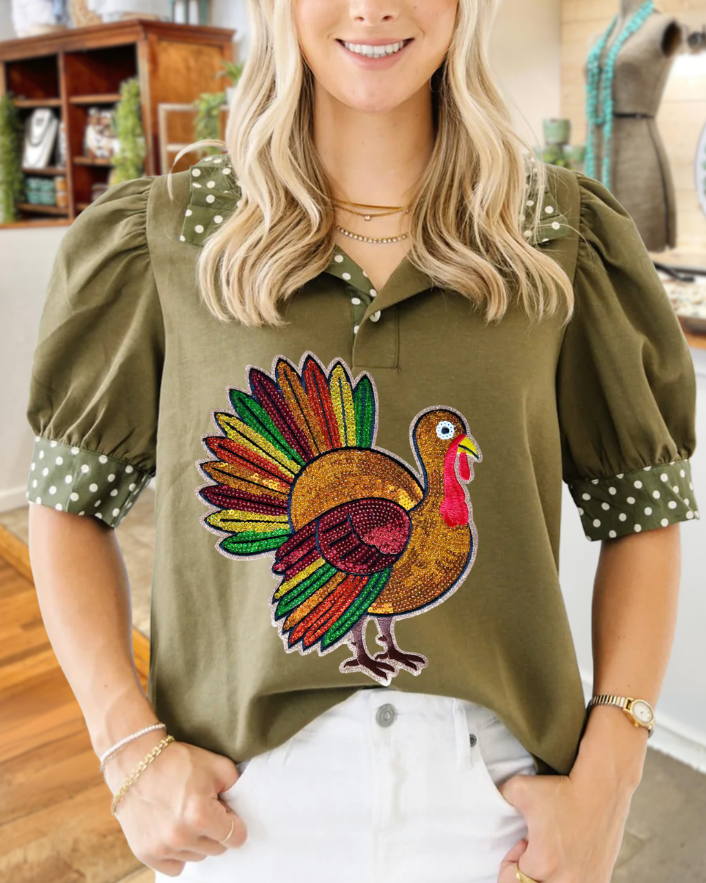 Colorful Sequined Turkey Polka Dot T-shirt