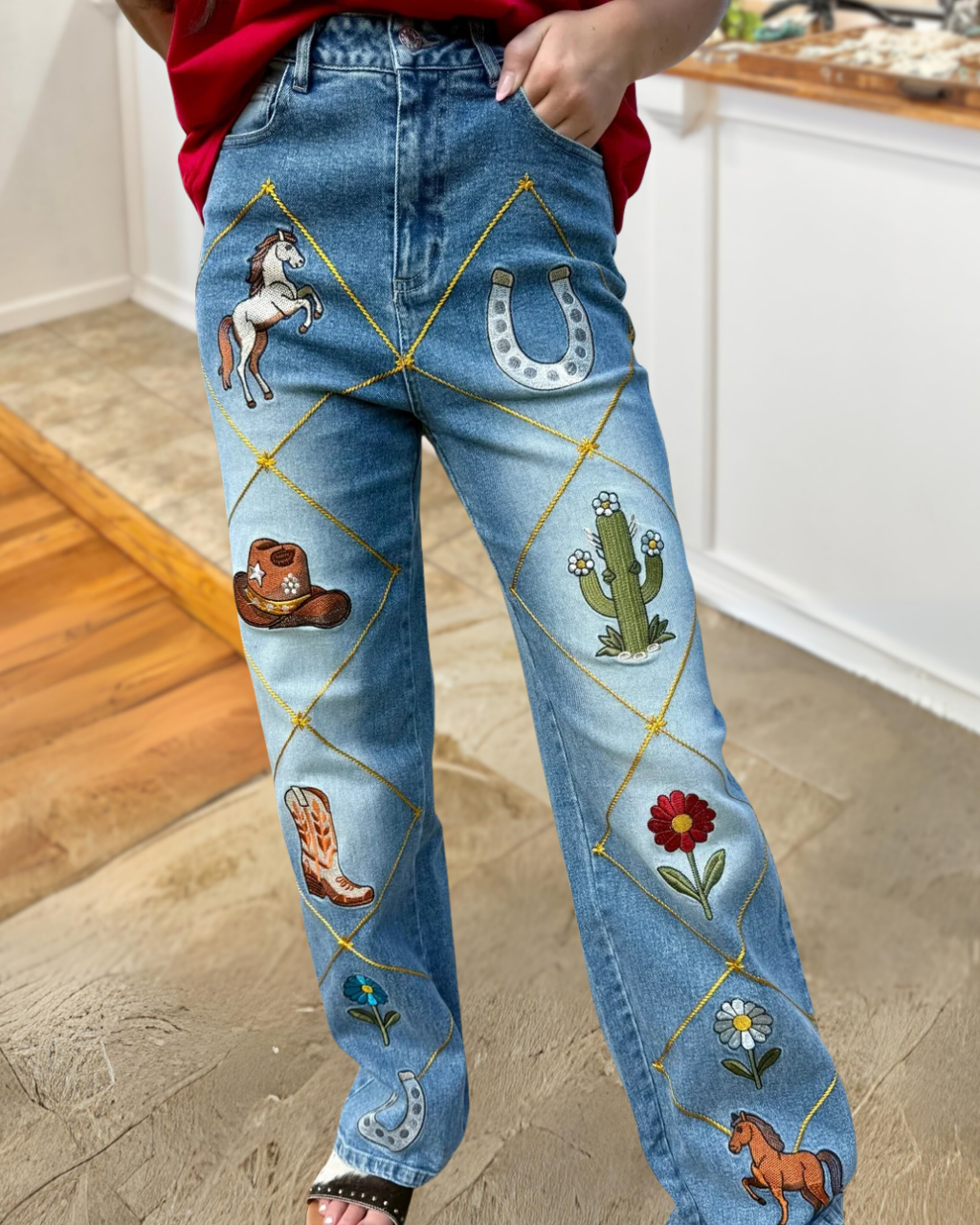 Western Cowboy Themed Printed Jeans
