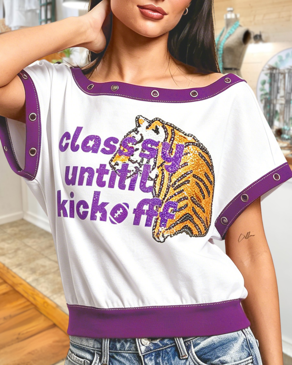 Tiger Kick-off Print Studded Top