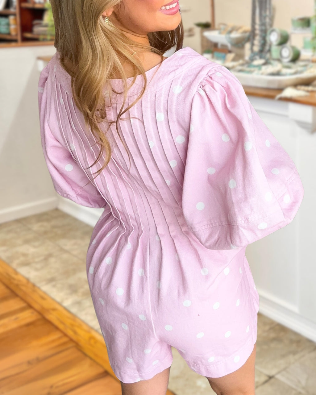 Polka Dot Pleated Puff Sleeve Jumpsuit