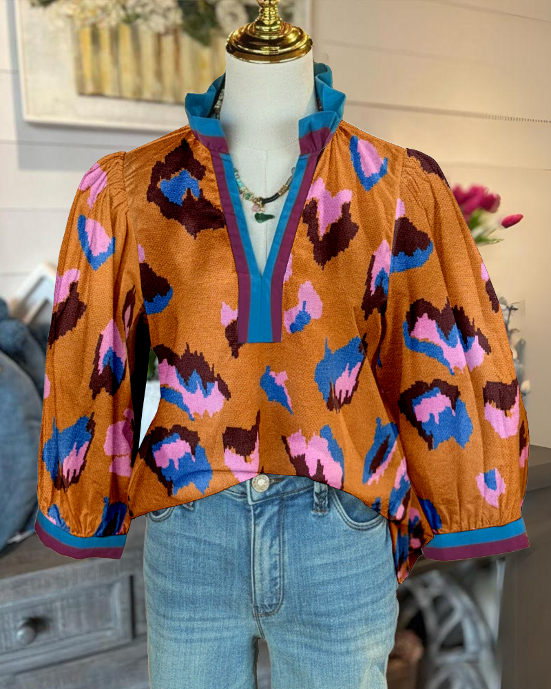 Abstract Leopard Puff Sleeve Top