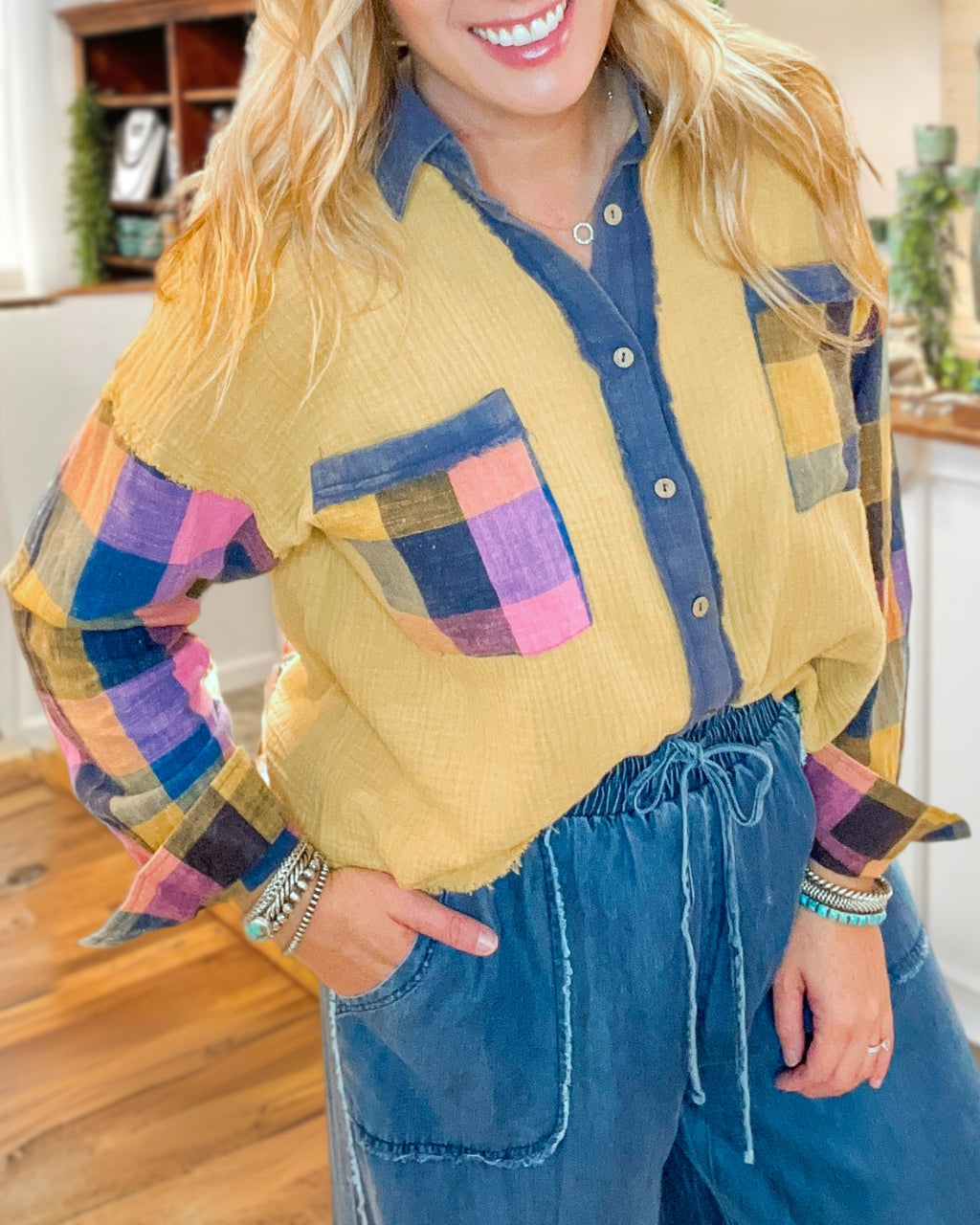 Plaid Patch Colorblock Shirt
