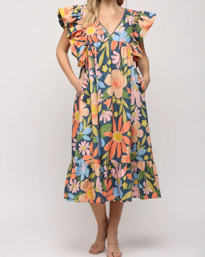 Floral Ruffle Tie Back Midi Dress