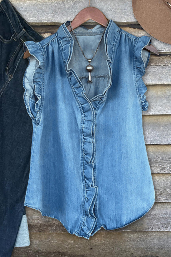 Casual Ruffle Denim V-Neck Vest